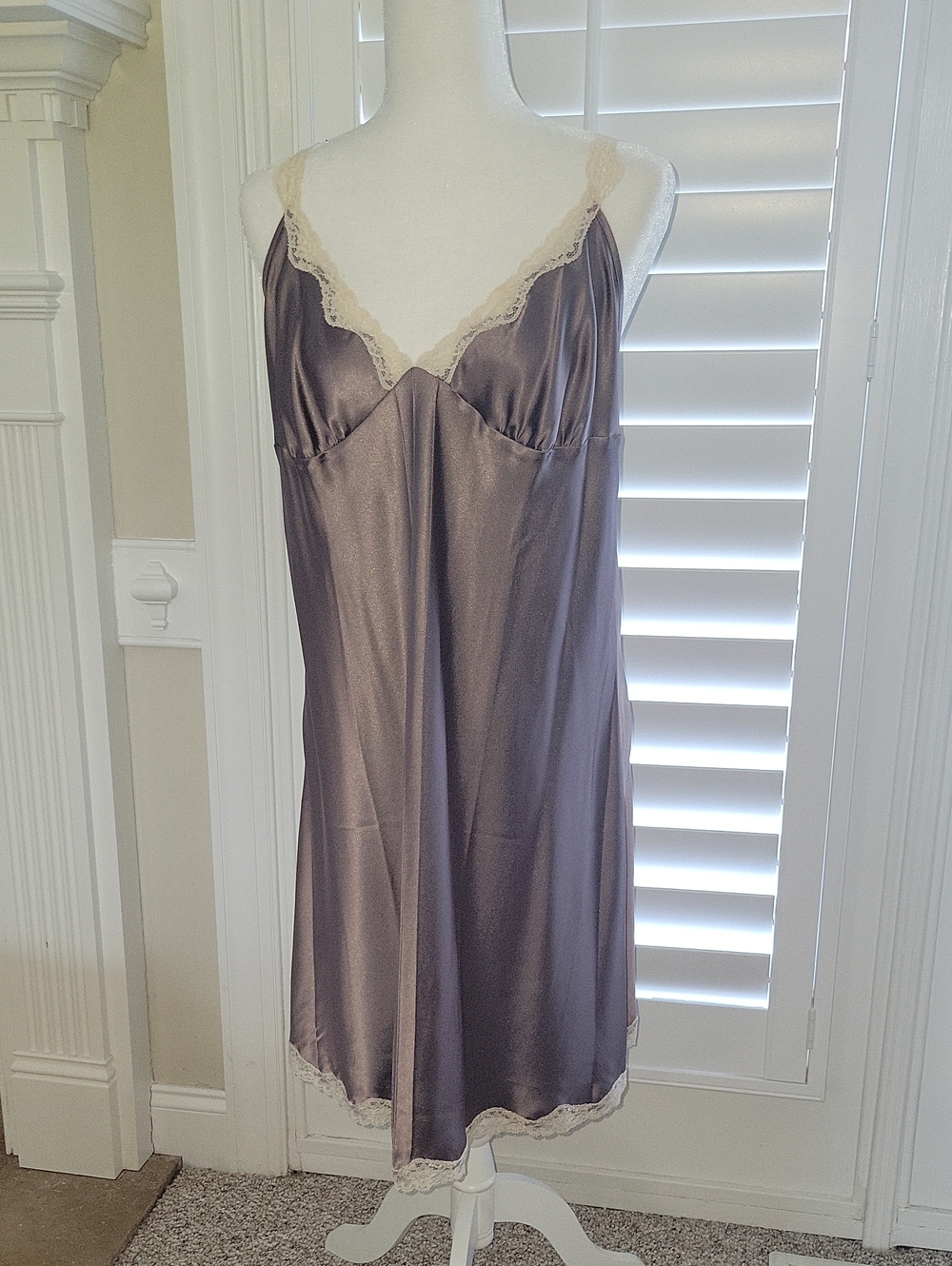 Victoria's Secret Gray Satin Chemise with Cream Lace Trim NWOT